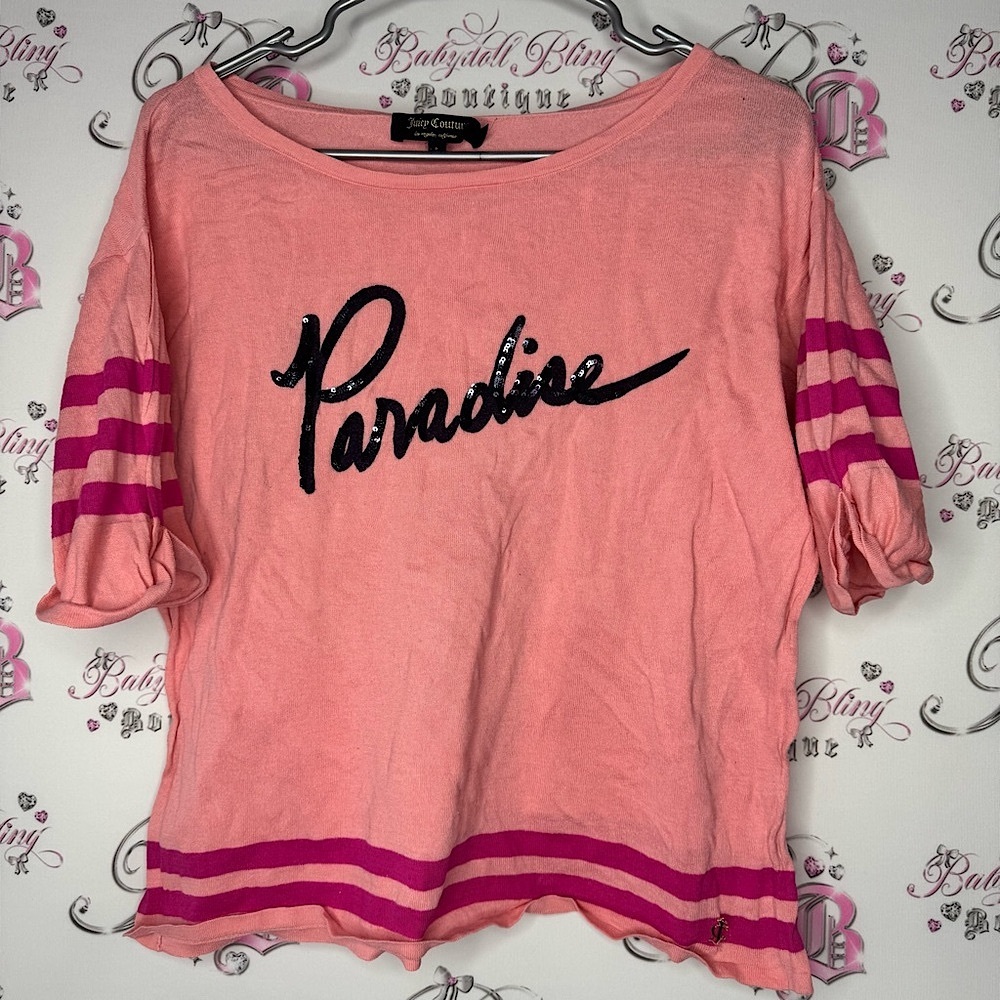 Juicy couture top striped coral Pink shirt paradise sequins embroidered